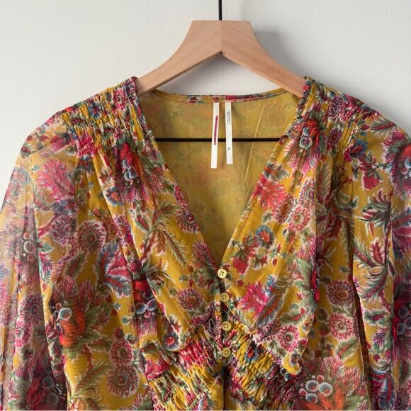 Anthropologie Chiffon Button Up Front 3/4 sleeve top floral stretch layered XS - Picture 3 of 10